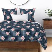 Large Scale Pink Roses on Navy with White Polkadots