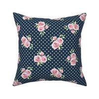 Medium Scale Pink Roses on Navy with White Polkadots