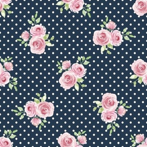 Medium Scale Pink Roses on Navy with White Polkadots
