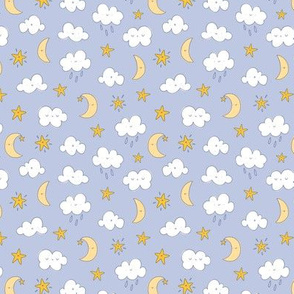 Happy cartoon clouds, moon and stars_ pattern illustration