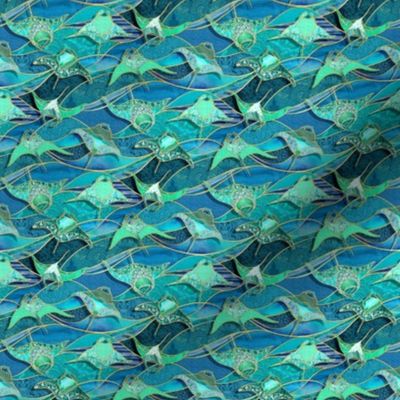 Patchwork Manta Rays in Teal Blue and Jade Green - micro