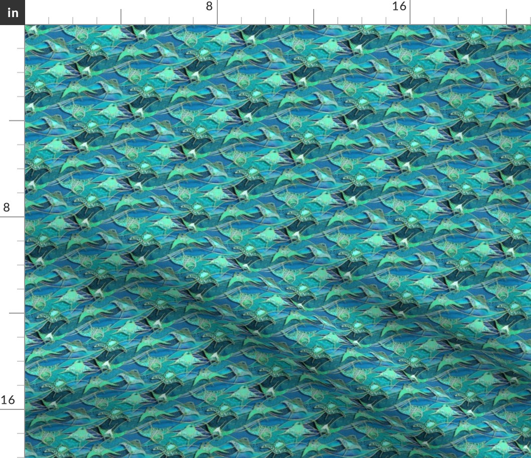 Patchwork Manta Rays in Teal Blue and Jade Green - micro