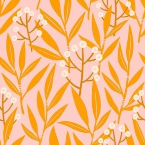 Plants and leaves on pink