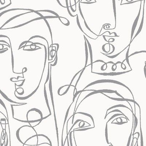 large scale inky doodled faces, ultimate gray ivory background