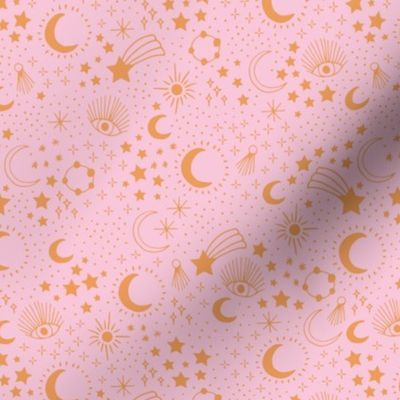 Mystic Universe party sun moon phase and stars sweet dreams pink golden ochre yellow