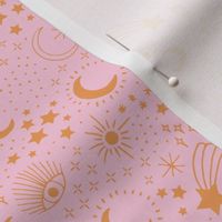 Mystic Universe party sun moon phase and stars sweet dreams pink golden ochre yellow