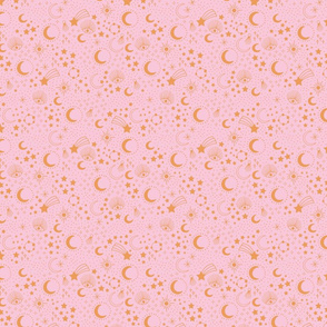 Mystic Universe party sun moon phase and stars sweet dreams pink golden ochre yellow