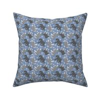 Tiny Trotting uncropped Miniature Schnauzers and paw prints - faux denim