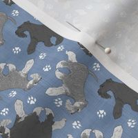 Tiny Trotting natural Miniature Schnauzers and paw prints - faux denim