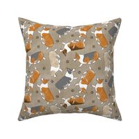 Trotting Pembroke Welsh Corgis and paw prints - faux linen