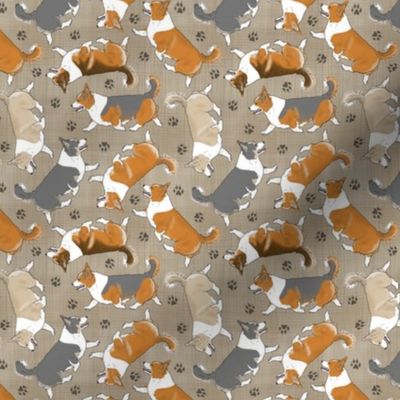 Tiny Trotting tailed Pembroke Welsh Corgis and paw prints - faux linen