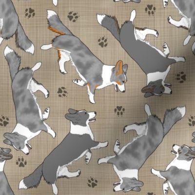 Trotting merle Cardigan Welsh Corgis and paw prints - faux linen