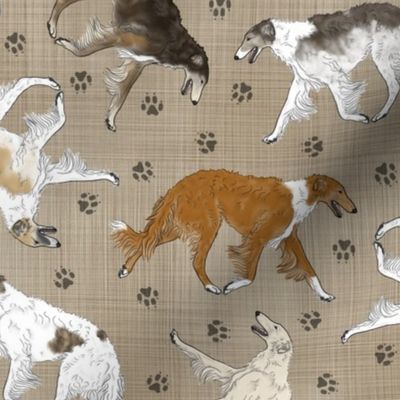 Trotting Borzoi and paw prints - faux linen