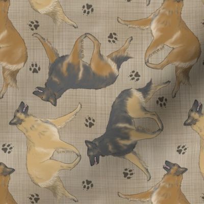 Trotting Belgian Tervuren and paw prints - faux linen