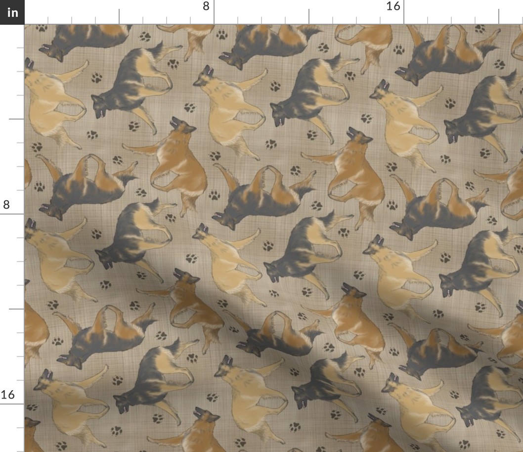 Trotting Belgian Tervuren and paw prints - faux linen