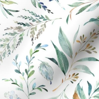 24" Wild Flora – Watercolor Leaves & Branches, Fabric + Wallpaper have a 24 inch repeat