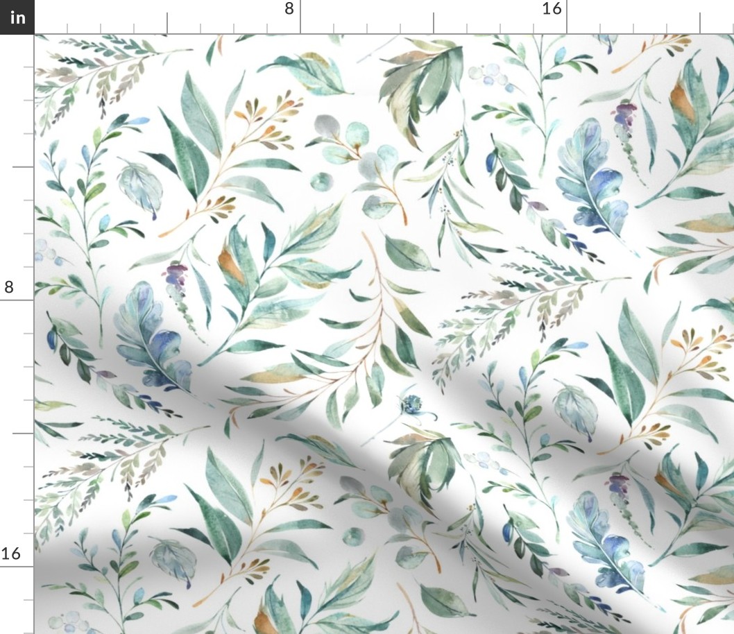 24" Wild Flora – Watercolor Leaves & Branches, Fabric + Wallpaper have a 24 inch repeat