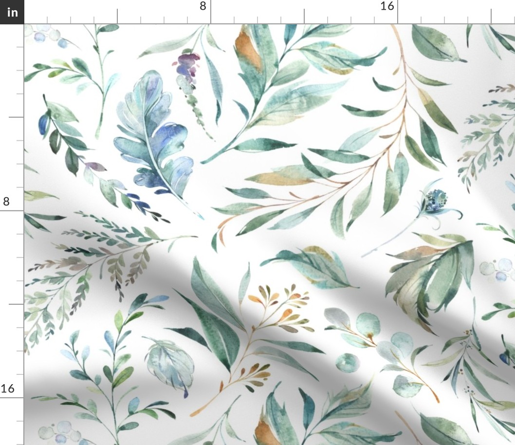 36" Wild Flora – Watercolor Leaves & Branches, Fabric has a 36 inch repeat