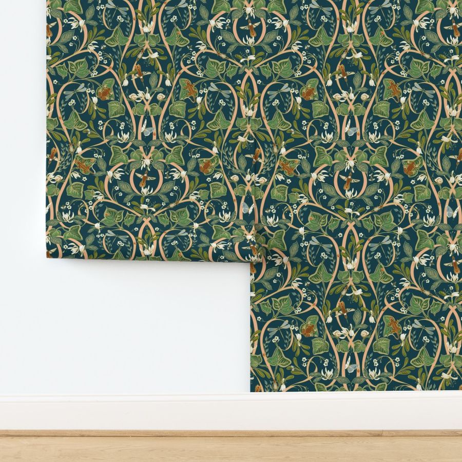 Royal Garden Damask | Dark Teal #023b45   Peach