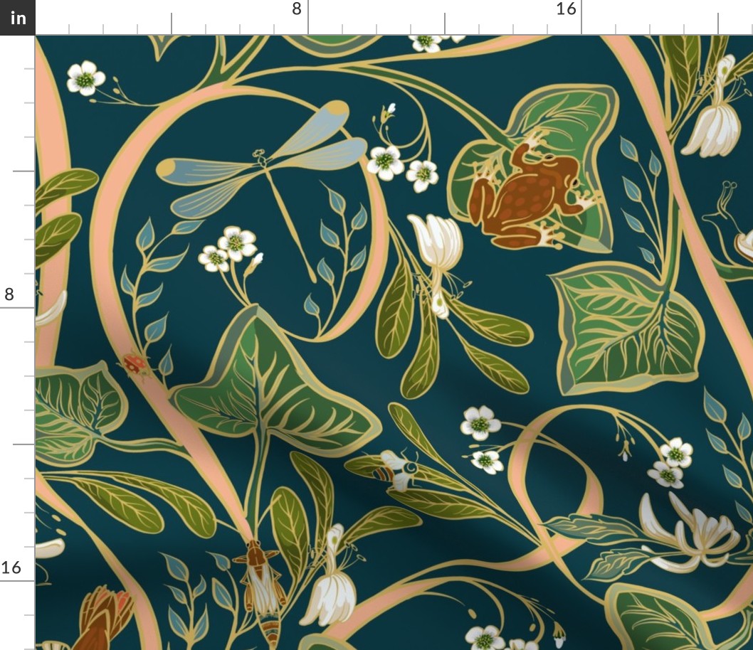 Royal Garden Damask | Dark Teal #023b45   Peach