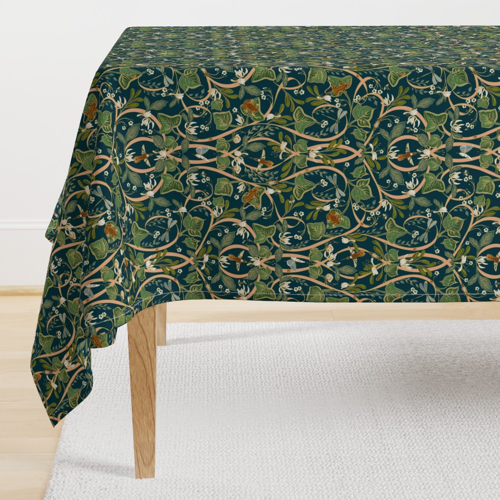 Royal Garden Art Nouveau |Sm.| Dark Teal #023b45+Peach