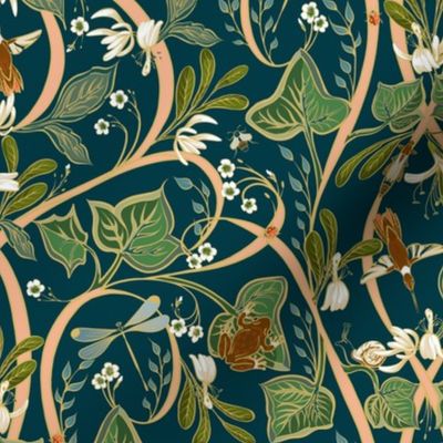 Royal Garden Art Nouveau |Sm.| Dark Teal #023b45+Peach