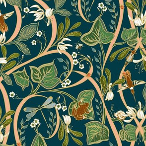 Royal Garden Art Nouveau |Sm.| Dark Teal #023b45+Peach