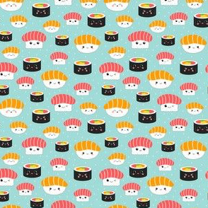 (Tiny) Kawaii Sushi Cuties - Tiny on Blue - Salmon Nigiri, Tuna Nigiri, Maki Roll - Cute & Fun Japanese Food