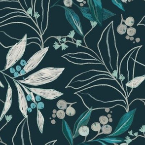 Pastel leaves & branches berries on navy blue