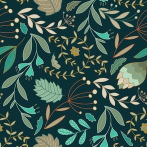 Florals and leaves on dark