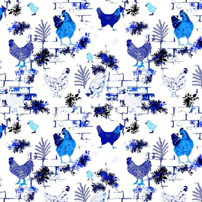 Chicken,chicks,rooster,blue china pattern 