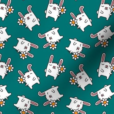  cute spring bunnies - bunny with flower - teal - LAD20