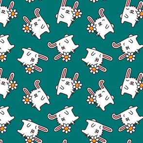  cute spring bunnies - bunny with flower - teal - LAD20