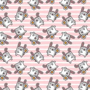(small scale)  cute spring bunnies - bunny with flower - pink stripes - LAD20