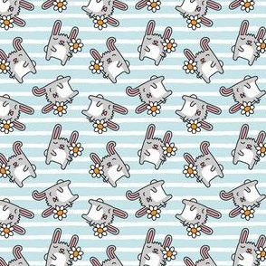 (small scale) cute spring bunnies - bunny with flower - blue stripes - LAD20