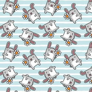 cute spring bunnies - bunny with flower - blue stripes - LAD20