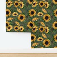 14" Sunflowers forever - hand drawn watercolor florals on grey- double layer,sunflower fabric, sunflowers fabric 