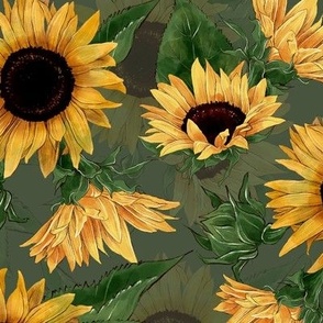 14" Sunflowers forever - hand drawn watercolor florals on grey- double layer,sunflower fabric, sunflowers fabric 