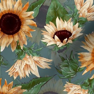 14" Sunflowers forever - hand drawn watercolor florals on grey- double layer,sunflower fabric, sunflowers fabric 