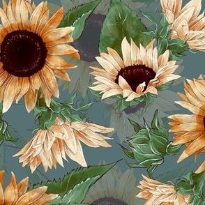 14" Sunflowers forever - hand drawn watercolor florals on grey- double layer,sunflower fabric, sunflowers fabric 
