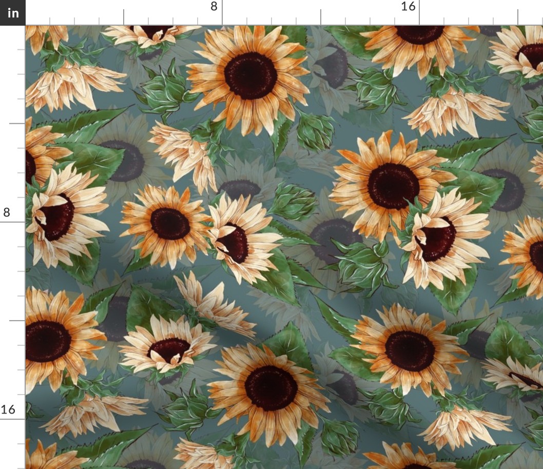 14" Sunflowers forever - hand drawn watercolor florals on grey- double layer,sunflower fabric, sunflowers fabric 