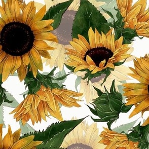 14" Sunflowers forever - hand drawn watercolor florals on white- double layer,sunflower fabric, sunflowers fabric 