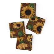 14" Sunflowers forever - hand drawn watercolor florals on brown- double,sunflower fabric, sunflowers fabric                  layer