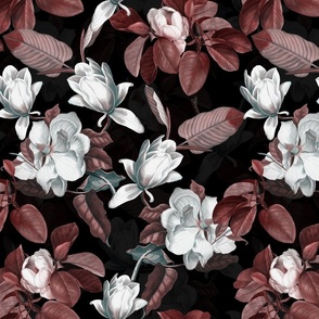 14" Lush Antique Magnolia Flowers - Magnolia Fabric - Flowers Fabric - Magnolia Wallpaper white and copper on black  double layer