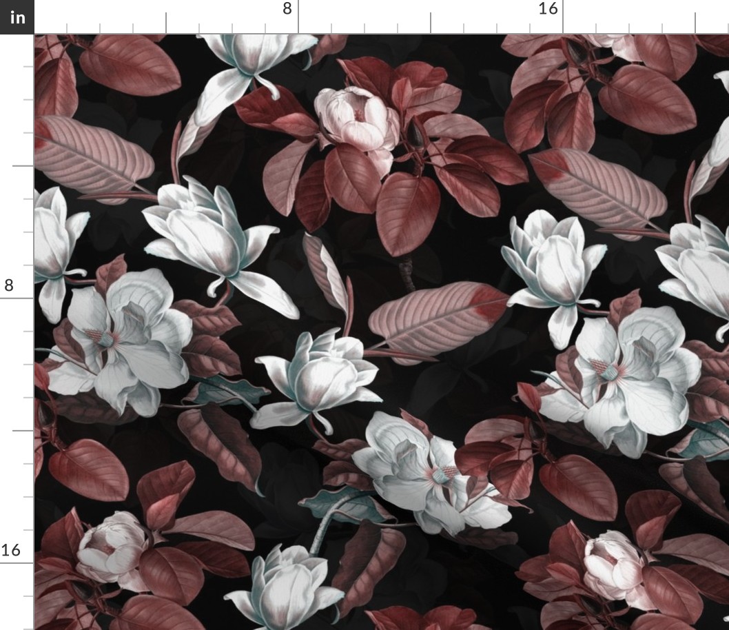 14" Lush Antique Magnolia Flowers - Magnolia Fabric - Flowers Fabric - Magnolia Wallpaper white and copper on black  double layer