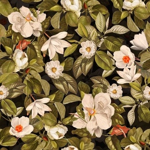 14" Lush Antique Magnolia Flowers - Magnolia Fabric - Flowers Fabric - Magnolia Wallpaper white on black double layer