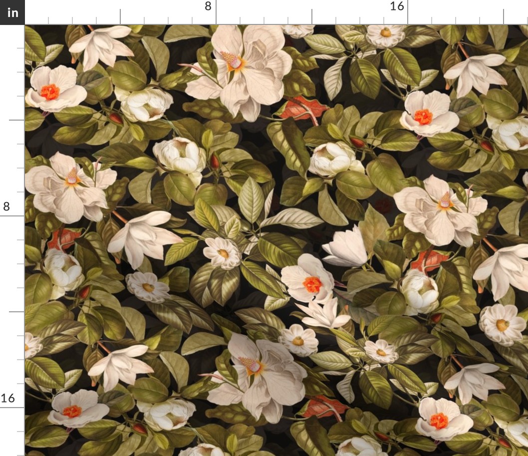 14" Lush Antique Magnolia Flowers - Magnolia Fabric - Flowers Fabric - Magnolia Wallpaper white on black double layer