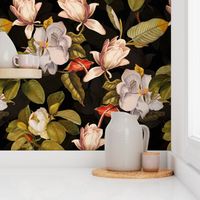 14" Lush Antique Magnolia Flowers - Magnolia Fabric - Flowers Fabric - Magnolia Wallpaper white on black double layer