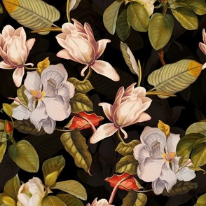 14" Lush Antique Magnolia Flowers - Magnolia Fabric - Flowers Fabric - Magnolia Wallpaper white on black double layer