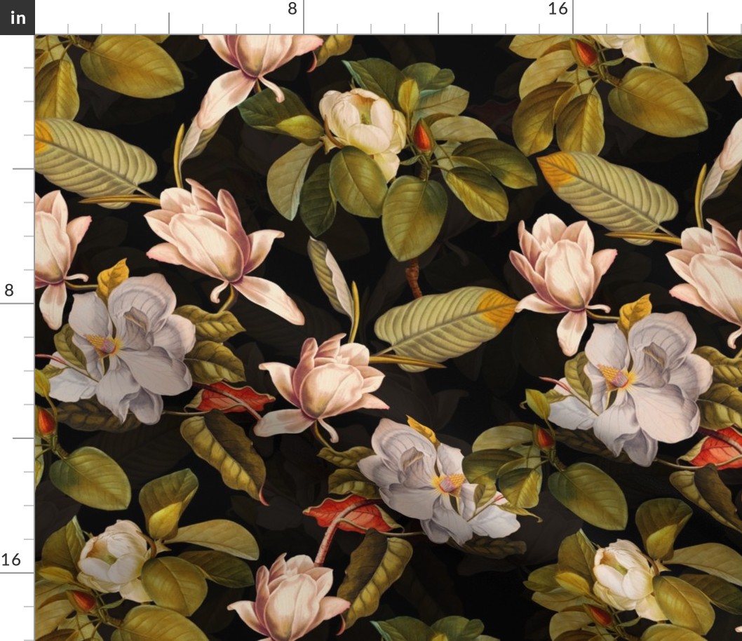 14" Lush Antique Magnolia Flowers - Magnolia Fabric - Flowers Fabric - Magnolia Wallpaper white on black double layer